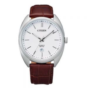 RELOJ MARCA CITIZEN   CON  CORREA CAFÉ DE PIEL     ACERO INOXIDABLE CON FECHADOR CON  CRISTAL MINERAL  RESISTENTE AL AGUA 50 MTS  SI NO SE ABRE SOLO SE GRAB EN LA TAPA